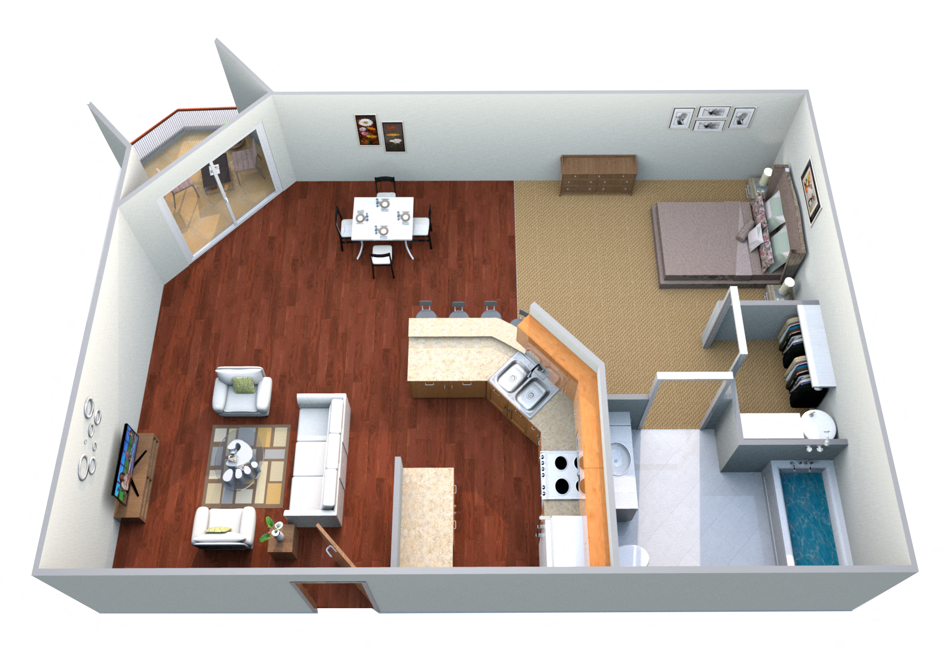 Floor plan for studio, 1 bath, 605 sqft